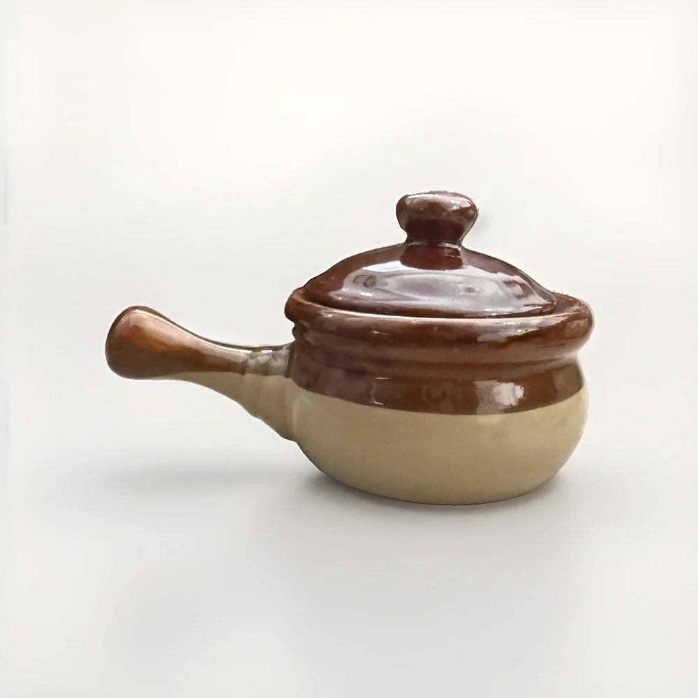 Vintage French Onion Soup Crocks Handled Bowl with Lid Brown /Tan